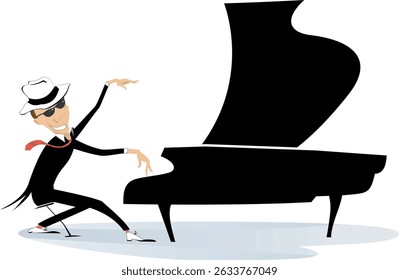 O homem toca piano e canta. 
Homem feliz no chapéu e óculos de sol tocando música no piano e cantando
