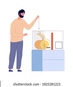 Man plays with rat. Pets, white rodent in cage. Isolated home animal and owner vector illustration