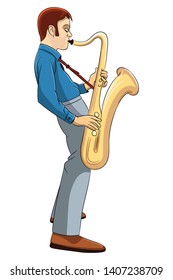 A man plays the saxophone. Vector image in cartoon style isolated on white background.