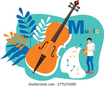 A man plays the saxophone. Vector image on a background of violins and flowers.
