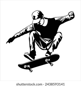 a man plays skateboard on artline black and white for illustration and background