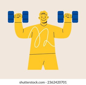 Man plays sports with dumbbells. Colorful vector illustration
