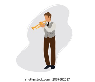 
Der Mann spielt Trompete.
Trompeter mit Trompeter.
Der Mensch erzeugt den Rhythmus der Melodie. Die Figur spielt ein Musikinstrument als Teil einer Jazzband. Flache Vektorgrafik.