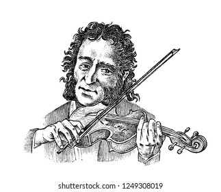 Man plays the violin. Musician with a classic instrument. Performance with a symphony orchestra. Vintage style music concept. Engraved hand drawn monochrome sketch. vector illustration