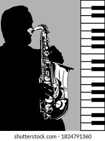 Man plays wind instruments. Jazz retro style