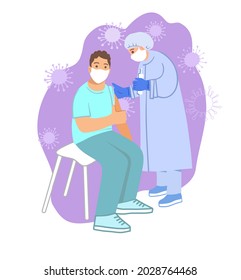 The man is pleased that he was vaccinated against covid. Doctor injecting a young man against coronavirus. Covid vaccine shot. Coloured flat vector illustration isolated on white background.