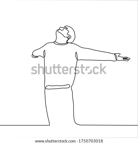 The man with pleasure spread his arms to the sides and raised his face to the sky. The guy stands and smiles and freely breathes air in full. One continuous line drawing concept of bliss, freedom