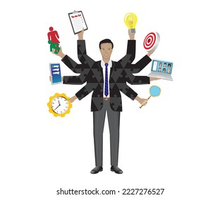 Man with plenty of arms. Multitasking, Shiva man. Isolated on white. Vector illustration.