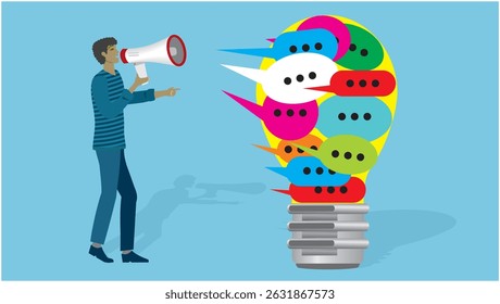 Man with plenty of ideas screaming out them through megaphone. Vector illustration. Dimension 16:9. 