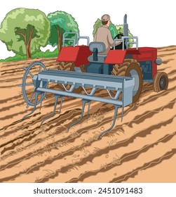 Man ploughing the field while sitting on his tractor