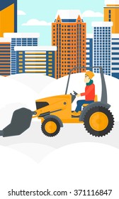 Mann pflügt Schnee.