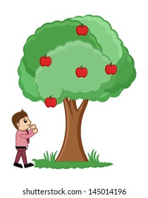 Man Plucking Fruits from Tree Vector Illustration