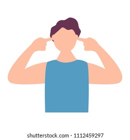 Man plugging both ears with fingers. Person annoyed with loud sound. Need silence concept. Vector image