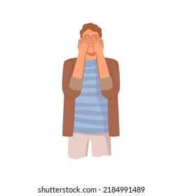 Man plugging both eyes with palms. Disappointed and tired man covering eyes with hand showing facepalm gesture. Person feeling stress, shame or has headache. Vector in flat cartoon style illustration