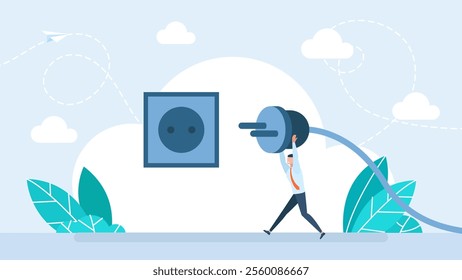 Man plugging power plug in electric socket outlet. Recharge, refresh or recover after tired, exhausted or burn out, charge full energy or supply motivation concept. Vector illustration