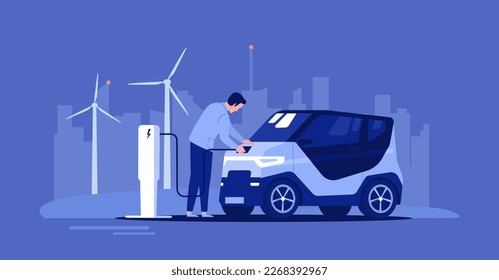 A man plugs his compact electric car into charging. Vector illustration.