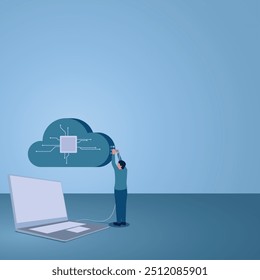 Ein Mann stopft ein Laptop-USB-Kabel in Cloud-Speicher, Illustration für Cloud Computing.