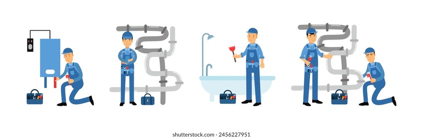 Man Plumber Character Engaged in Repair Professional Fixing Vector Set