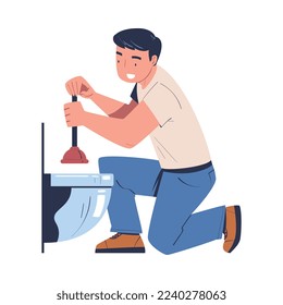 Man Plumber Cleaning Pipe or Drain with Plunger Vector Illustration