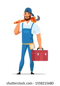 Man plumber holding wrench and tools box in hands stands isolated on white backdrop. Smiling cartoon professional adult bearded serviceman character in uniform ready for work. Vector flat illustration