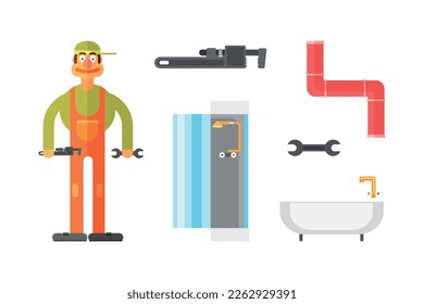 Man Plumber in Orange Overall with Wrench, Pipe and Sanitary Ware Vector Set