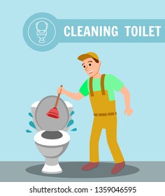 Man Plumber with Plunger in Hand Clogged Overflow Toilet Bowl Bathroom Vector Illustration. Cleaning Toilet Banner. Professional Plumbing Service Help at Home. Sewage Repair Concept