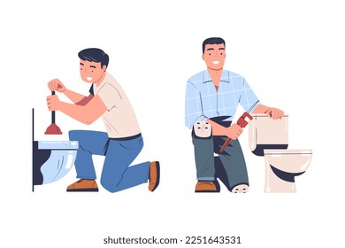 Man Plumber with Plunger and Wrench Near Toilet Bowl Vector Set