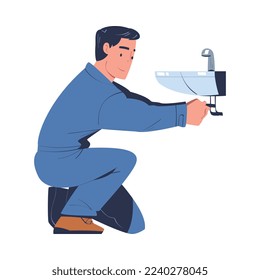 Ilustración del vector de rosca de la tubería de fijación del fontanero masculino