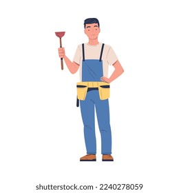 Man Plumber Standing with Plunger for Working and Fixing Vector Illustration