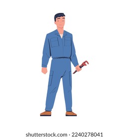 Man Plumber Standing with Wrench for Working and Fixing Vector Illustration