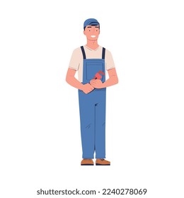Man Plumber Standing with Wrench for Working and Fixing Vector Illustration