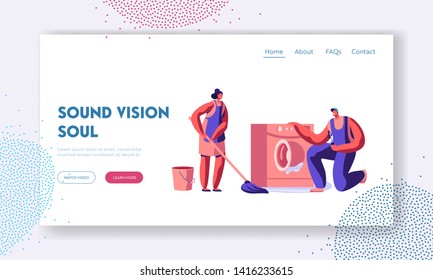 Man Plumber in Uniform Fixing Broken Washing Machine at Woman Customer Home. Husband for an Hour, Repair Service Call Master Website Landing Page, Web Page. Cartoon Flat Vector Illustration, Banner