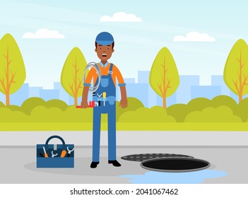 Man Plumber Wearing Blue Overall Holding Hosepipe Standing Near Manhole Engaged in Fixing Tubes and Pipe Lines Vector Illustration