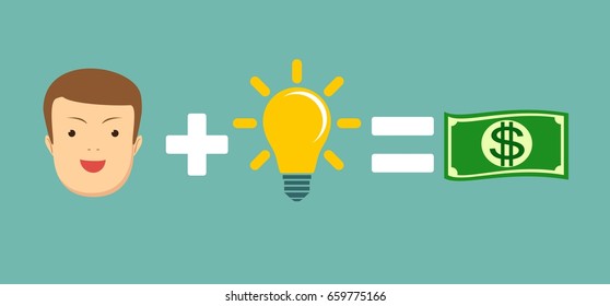 Man plus idea is equal to money. Stock vector illustration for poster, greeting card, website, ad, business presentation, advertisement design.