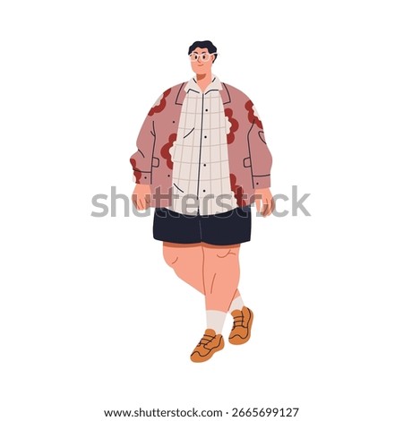 Man with plus-size fat body, walking outdoors. Young body-positive male with chunky chubby figure, strolling in casual summer outfit, glasses. Flat vector illustration isolated on white background