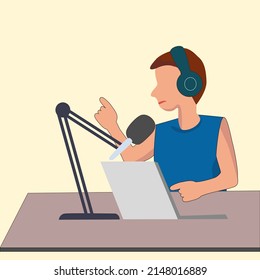 A man podcaster making audio podcast at home studio. 