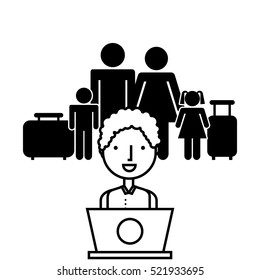 man in the podium and behind a family with travel suitcases over white background. vector illustration