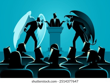 Man at a podium, caught between an angel on the right and a devil on the left. Symbolizes moral conflict, decision-making, and the inner struggle between good and evil. Ideal for politics and ethics