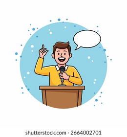 Hombre en el podio dando presentación, compartiendo idea con micrófono