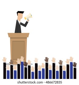 man at the podium and  hands up for vote