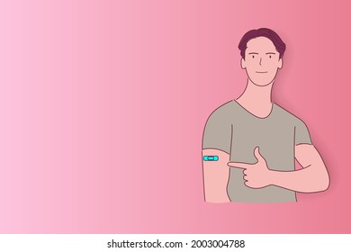 Parche macho a brazo para el hombre que promueve la vacunación COVID-19 aislada en el fondo, Vector de ilustración plana.