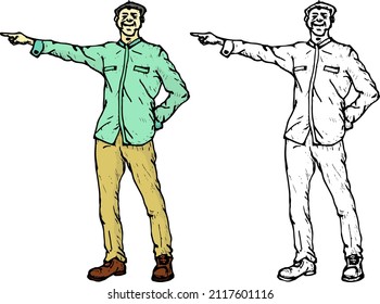 Man point forward with his finger. Hand drawn vector illustration.