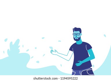 man point hand showing something male cartoon character portrait horizontal vector illustration