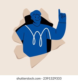 Man point his finger coming out from torn paper. Colorful vector illustration

