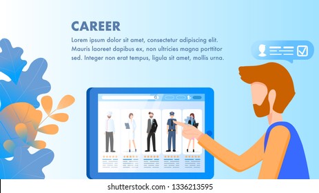 Man Point at Occupation Character on Tablet Screen. Human Resource Manager Select Employee Resume Online. Bearded Worker do Career Research at Social Media. Flat Cartoon Vector Illustration