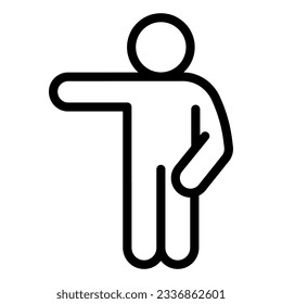 El comando man apunta al icono de la línea derecha. Hombre con un brazo hacia abajo y una mano apuntando hacia un pictograma de estilo de contorno derecho sobre fondo blanco. Posturas humanas para concepto móvil y diseño web. Gráficos vectoriales