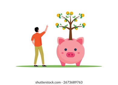 Man pointed Money Tree with Piggy Bank Investment Growth Vector