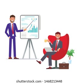 Man with Pointer near Dask. Man in Chair with Cup in Hand. Presentation Project Search for Colleagues. Workers in Business Suit. Vector Illustration. Recruitment Agency. Management and Organization.