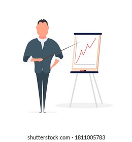 A man with a pointer points to a slide. The guy shows the report. Board for paper. Isolated. Vector.