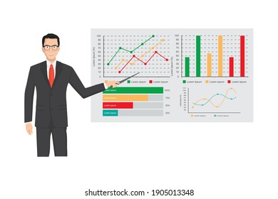 Man with pointer standing at the blackboard with graphs, and infographics.Vector illustration.